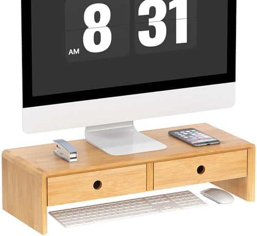 Ufine Bamboo Monitor Stand with 2 Drawers & Keyboard Storage