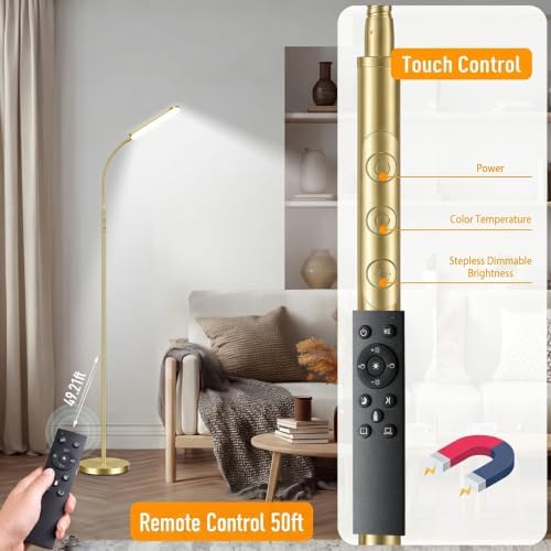 marctronic Gold Polished Floor Lamp, 18W 1800LM LED, Luxury Decor Style & Stepless Dimming, Eye-Caring Timing Reading Lamp for Bedroom/Living Room