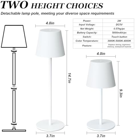 Kakanuo White Cordless Table Lamp Rechargeable - 2 Pack 5000mAH Battery Operated Lamp for Table, 3 Color Stepless Dimming Wireless Lamp for Kitchen Counter, Touch Control