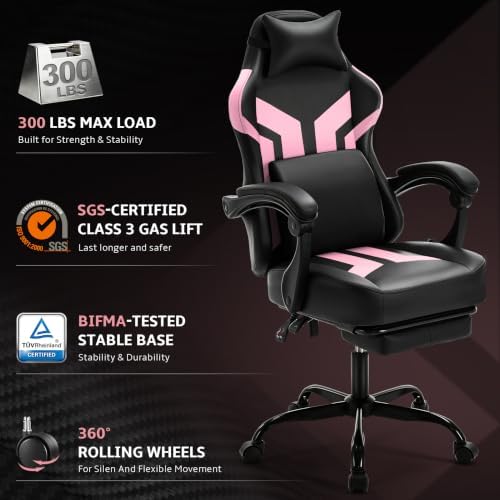 Office Computer Gaming Chair for Adults with Footrest, Hot Pink