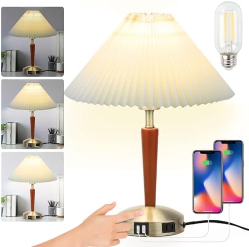 LALISU Touch Bedside Table Lamp, Fabric Shade Small Table Lamp, Brown
