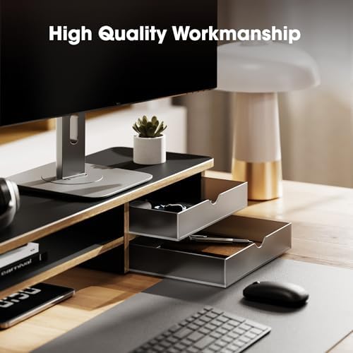 Fenge Monitor Stand, Desk Computer Riser with Frosted Storage Drawer, Black
