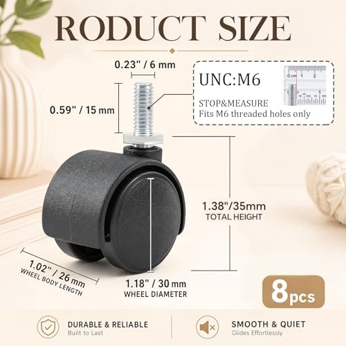 BBTO 8 Pcs 1 Inch M6 Swivel Stem Casters Wheels Replacement, M6 Threaded Stem Caster, Heavy Duty 360° Standing Desk Wheels, No Noise, Black Nylon, for Cart Furniture Table Cabinet Shelf