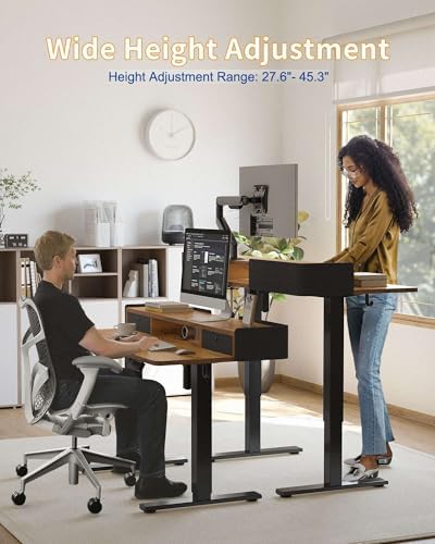YIHAYO Electric Standing Desk with Drawers, 48 x 24 Inches Adjustable Desk with Storage Shelf, Stand Up Desk with Splice Board, Computer Table for Home Office, Black Frame/Rustic Brown Top