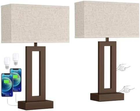 Seealle Bedroom Lamps for Night Stands - Touch Control, 3 Way Dimmable, USB C+A Charging, LED Bulbs, Easy Assembly(Yellow&Coffee)
