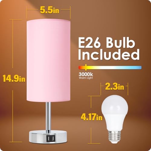 Yarra-Decor Bedside Lamp with USB Port - Touch Control Table Lamp for Bedroom 3 Way Dimmable Nightstand Lamp with Round Pink Fabric Shade for Living Room, Dorm, Home Office (LED Bulb Included)