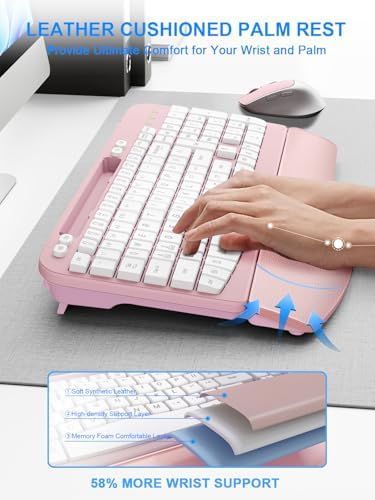 Hayyiesh Ergonomic Wave Keys Wireless Keyboard and Mouse Combo, Full Size with Memory Foam Wrist Rest & Phone Holder, 2.4G Cordless Set with USB-C Adapter for Windows Mac Desktop Laptop (Pink)