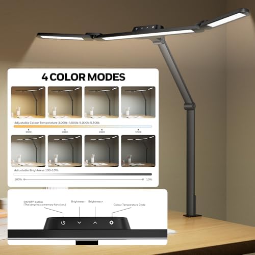 Honeywell Wide Desk Lamp with Clamp for Dual Monitors, 22W Full-Spectrum Eye-Caring LED Desk Lamp for Home Office, 3-Section Adjustable Architect Light for Large Desk, Stepless Dimming, 3000K-5700K