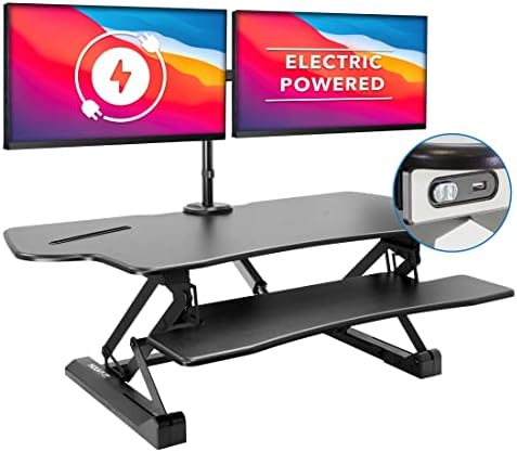 Mount-It! Electric Standing Desk Converter with Dual Monitor Arm, Stand Up Desk Riser X-Large 47.2" Wide, Electric Desk Riser with Mount for 2 Screens (Max 32"), Desktop with Keyboard Tray, USB, Black