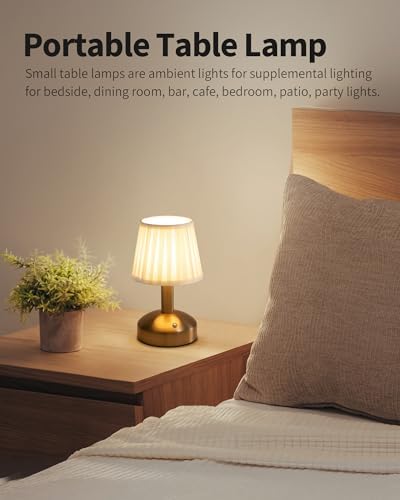 KDG Gold Cordless Small Table Lamp, Portable LED Fabric Shade Desk Lamp