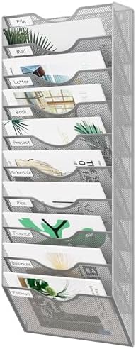EasyPAG 10 Pocket Mesh Wall File Organizer, Hanging Paper Folder Holder with Classify Label, Vertical Wall Mount Mail Organizer for Office Home Classroom, Silver