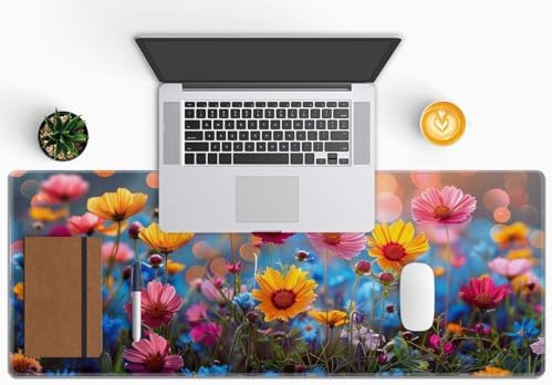 Floral Desk Mat Pink Yellow Blue Aesthetic Desk Pad Flower Plant Extended Mouse Pad Large Gaming Mousepad XL Laptop Computer Mouse Keyboard Mat 31.5 x 11.8 in for Office Desk Decor