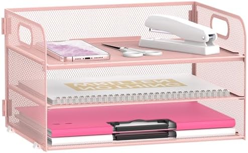 DALTACK 3 Tier Paper Organizer for Desk, Sliding Paper Trays, Pink