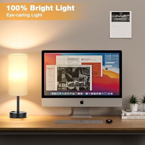 Touch Bedside Table Lamps Set of 2 - Bedroom Lamp with USB A+C, AC Outlet
