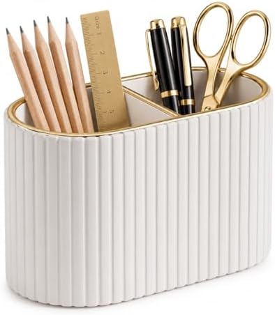 KINGFOM PU Leather Desk Organizer Pen Holder – Dual-Compartment Stylish Pencil Cup Remote Control Holder Desktop Supplies and Accessories Organizer Caddy for Office Home School (Light Beige)