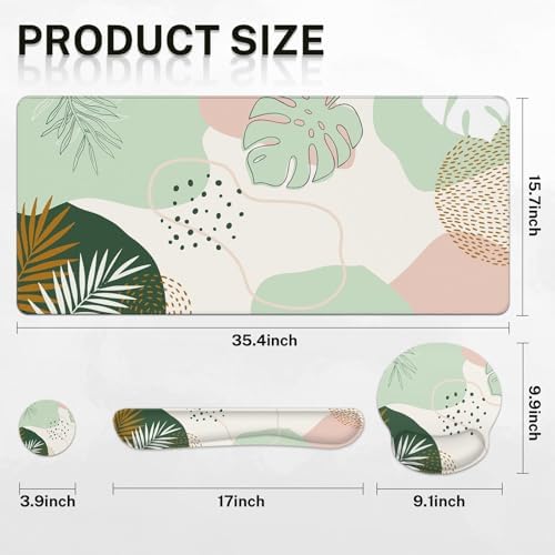 Britimes Keyboard Mouse Pad Set, 4 in 1 Desk Mat Set, Boho Green
