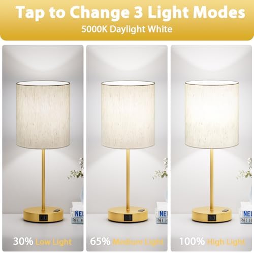 17.6" Gold Touch Lamps for Bedroom Set of 2 - Dimmable, USB C+A, AC Outlet