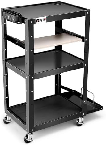 DNA Motoring Steel AV Cart 3-Layer Rolling Projector Utility Cart, 24" X 18" X 24.6"- 42.5" Height Adjustable, with Wheels, Pullout Keyboard Tray, Power Strip, Cord Management, TOOLS-00497