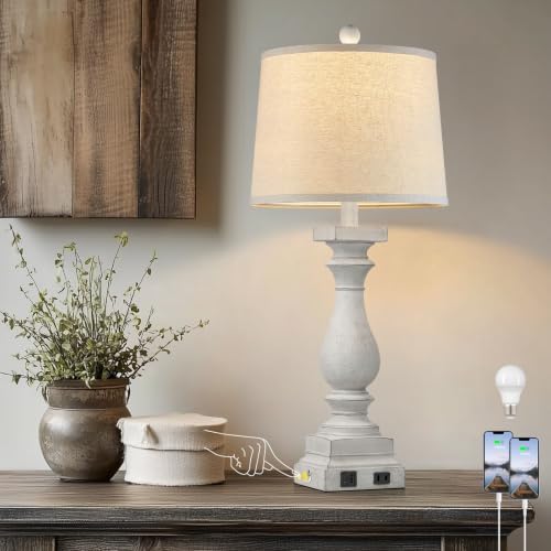 28" Tall Farmhouse Table Lamp with USB C+A Ports and AC Outlet, 3 Way Touch Control Rustic Bedside Lamp for Bedroom, White Vintage Nightstand Lamp for Living Room Office