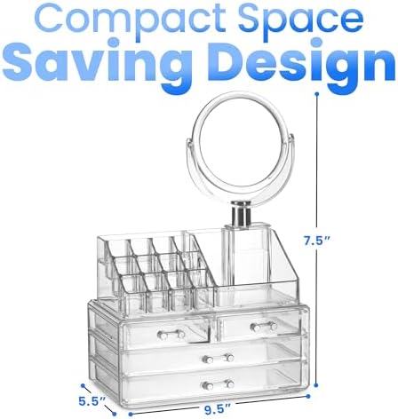 Masirs Clear Makeup Organizer with Mirror – 16-Compartment Cosmetic and Jewelry Holder, 4-Drawer Vanity Storage, Elegant Clear Design for Makeup and Accessories