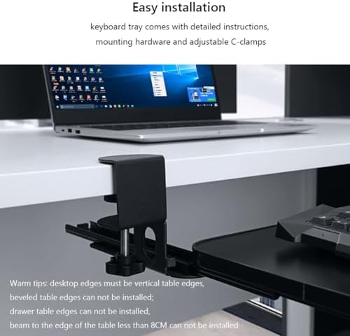 Keyboard Tray Under Desk Pull Out with Extra Sturdy C Clamp Mount System, 780mm*650mm, Height Adjustable 1-8CM, Computer Keyboard & Mouse Tray Slide-Out Platform Computer Drawer