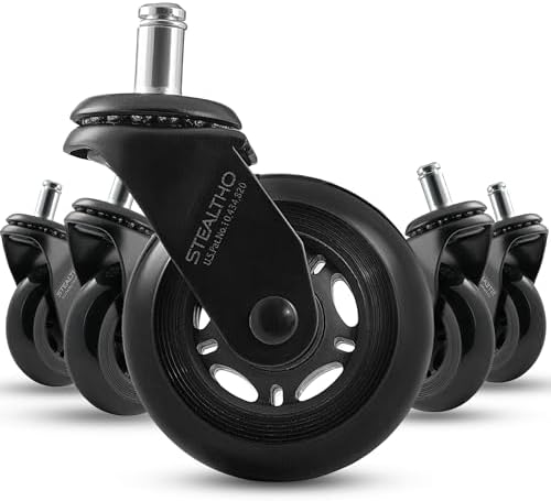 Stealtho Original Office Chair Wheels Set of 5 - Protect Hardwood Floor & Carpet - Heavy Duty Replacement Casters - Black Soft Polyurethane - Standard Fit 7/16" x 7/8"