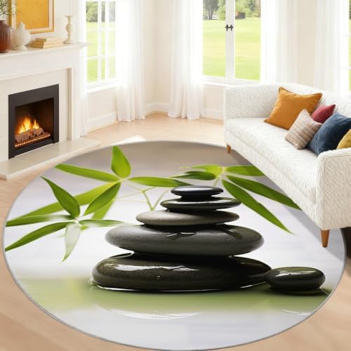 Zen Stone Round Area Rug - 5ft Meditation Yoga Round Rug for Living Room, Mental Space Circle Rugs Washable Soft Non-Slip Carpet for Bathroom Bedside Sofa Coffee Table Decor Mat