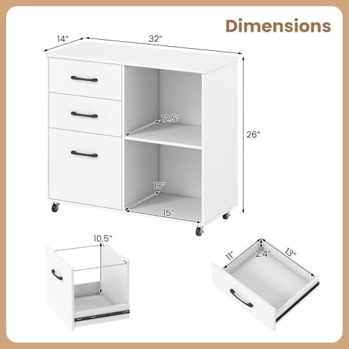Giantex 3-Drawer Mobile File Cabinet, Rolling Printer Stand with Open Storage Shelves, Under Desk Lateral Filing Cabinet for Letter/A4 Size, Wooden Office Organizer with Wheels for Home Office (White)