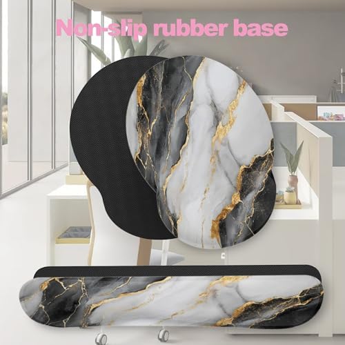 Black Gray Gold Marble Keyboard Wrist Rest Pad and Mouse Pad Wrist Support Set,3-in-1 Ergonomic Mouse Pad with Non-Slip Rubber Base for Home Office Game Computers Desk,