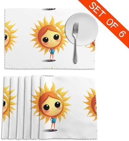 Cartoon Sun Stretching Pattern Placemats Set of 6 - Dining Table Heat Resistant Table Set Mat for Home & Kitchen Decor