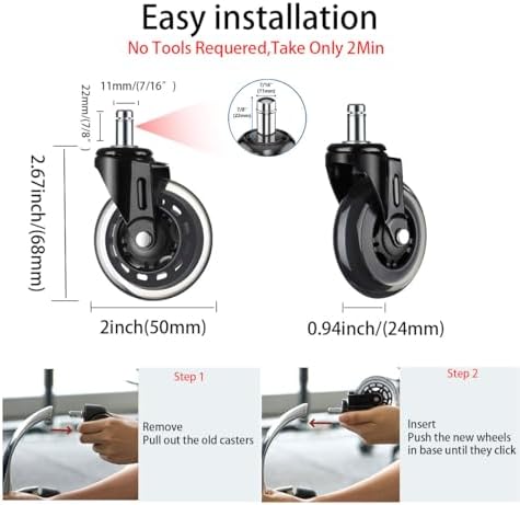 Office Chair Wheels -2" Caster Wheels Office Chair Wheel Replacement - Set of 5, Heavy-Duty Chair Casters Suitable for Hardwood Floors and Carpets, Achieving Scratch Free, Smooth & Silent