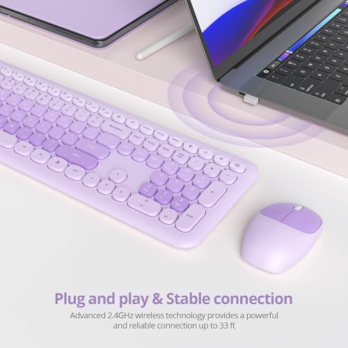 Surmen Cute Purple Keyboard and Mouse Wireless Silent, Full-Size Retro Typewriter Wireless Quiet Keyboard Mice Set Low-Noise 2.4GHz for Computer, Desktop, Laptop(6-Diary Purple)