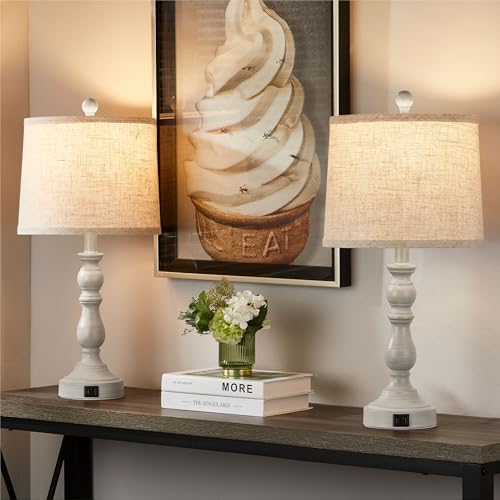 23'' Table Lamps Set of 2, Lamps for Bedroom, USB C+A Ports, Beige