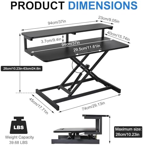 37" Standing Desk Converter with Pneumatic Single-Button Lift, Adjustable Desk Riser for Two Monitors & Laptop, Height Range 10.2-24.8", 39.68 Lb Load, 37" Main + 9" Secondary Desks