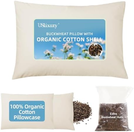 USlixury Organic Buckwheat Pillow 14x20, Adjustable Height, Neck Support