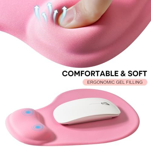JIKIOU Ergonomic Mouse Pad with Gel Wrist Rest 2 Pack, Portable Small Pink