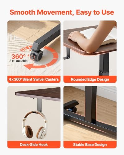 VEVOR Standing Desk, Adjustable Height Mobile Stand Up Desk with 4 Casters, 25.6 x 19 in Small Computer Sit Stand Rolling Workstation with Hook, 33 lbs Desktop Capacity, Ideal for Home Office, Brown