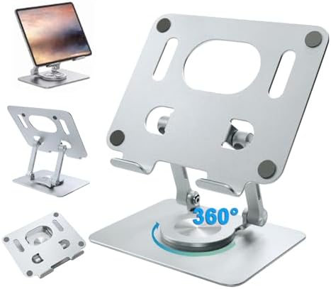 DCHAV Foldable Adjustable Drawing Tablet Stand for Desk iPad Holder Laptop Computer Riser 360 Rotating Ergonomic Aluminum Raised Table for Portable Monitor Phone 5-12 Inch Notebook, Silver