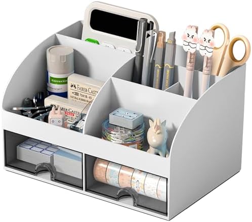 COMFYROOM Desk Organizer with 6 Compartments and 2 Drawers, Plastic Makeup Organizer, Pen Holder for Desktop Storage, Desk Organization for School, Home, Office Supplies (Grey)