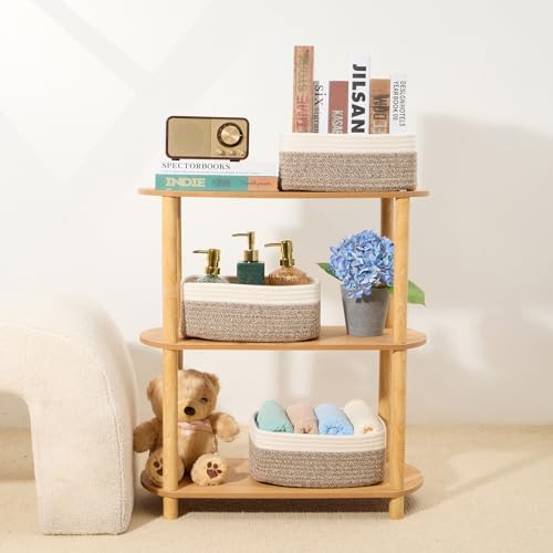 MiniArk Small Storage Baskets for Organizing | Closet Organizer Bins | Shelf Toy Basket | Woven Rope Baskets | Cube Decorative Box | Shallow Basket | 11.5x7.5x4.7” | 4 Packs White Brown