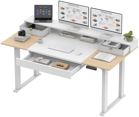 SANODESK Electric Standing Desk with Drawer, 71 x 32 inch Height Adjustable Computer Desk, Home Office Stand Up Desk with 4 Preset Heights, White