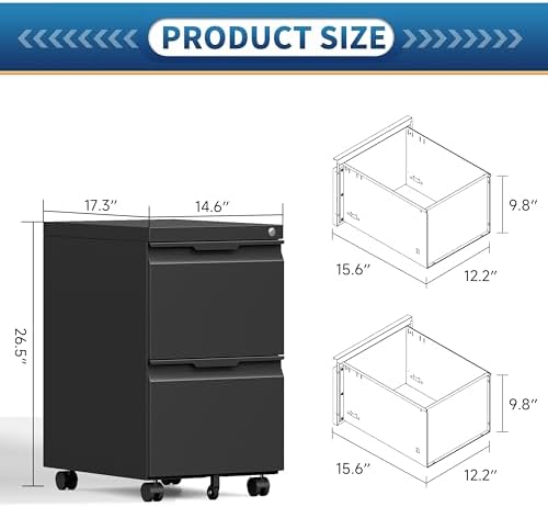 2 Drawer File Cabinet with Lock,Rolling Vertical File Cabinets for Home Office,Small Metal Filing Cabinet Office Drawers Under Desk for A4-Size/Letter-Size/Legal-Size- Assembly Required/Black