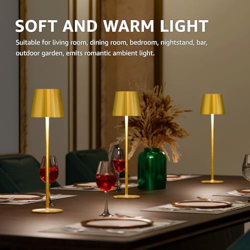 uuffoo 3 Pack Cordless Table Lamp Rechargeable 5000mAH Battery Operated Lights Touch Control LED Portable Desk Lamps 3 Color Dimming for Outdoor Coffee Bedroom Kitchen (Gold)