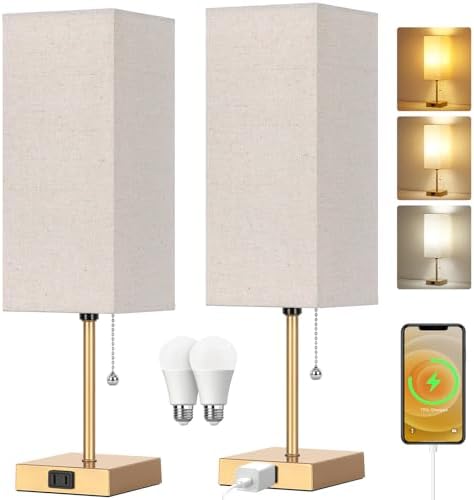 Table Lamp for Bedroom set of 2,3-Color Bedside Lamps with Pull Chain