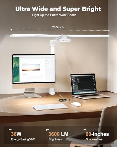 36W LED Desk Lamp with Clamp, Dual-Head Architect Lamp with Remote, White