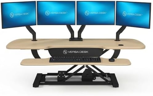 VERSADESK PowerPro 48 Inch Electric Standing Desk Converter – Push-Button Height Adjustable Sit to Stand Desk Riser for Multiple Monitors – Motorized Desktop Workstation with Wide Keyboard Tray