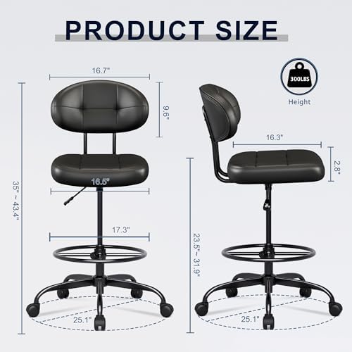 Misolant Drafting Chair Without Arms, Tall Office Chair with Footrest Ring for Standing Desk, Small Faux Leather Executive Office Chair with Adjustable Height for Bar Lab Counter Height Desk, Black
