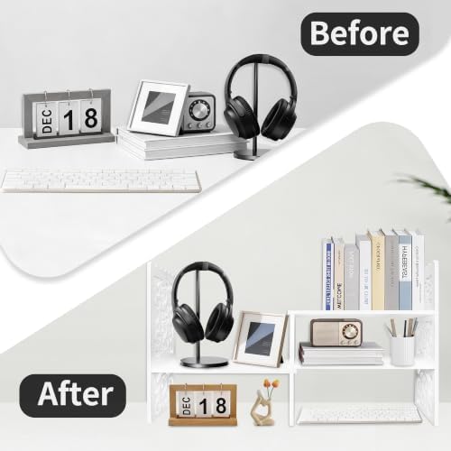 MASAKA B&W - Kawaii Storage Desktop Organizer for Your Desk Space, Double H Plants Display Shelf, Home Office Storage Rack Adjustable Stackable for Office, Dormitory (White*09)