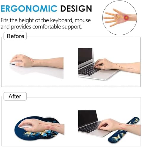 Keyboard Wrist Rest and Mouse Pad Wrist Support Set with Coaster,Ergonomic Mouse Pad,Comfortable for Easy Typing, Pain Relief,Memory Foam Keyboard Pad Set for Laptop Mac,Gold Butterflies