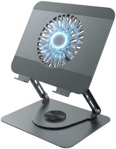 Laptop Stand with Cooling Fan, 360° Rotating Base, Adjustable Height & Angle, Ergonomic Computer Riser with Non-Slip Silicone Pads